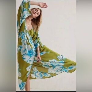 Anthropologie Floral Green and Blue Kimono Dress